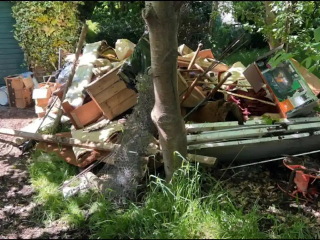 A garden full of rubbish in need of a garden clearance