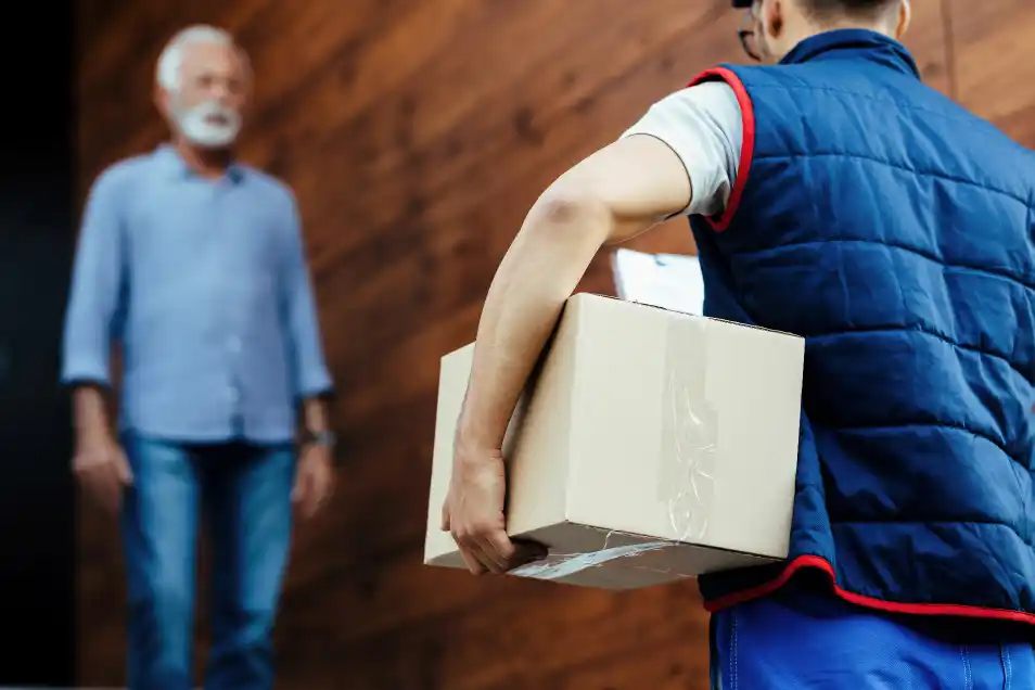 rear view delivery man carrying package his customer
